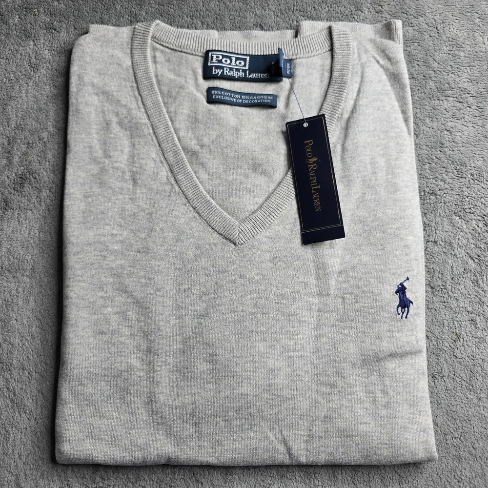 NWT Polo Ralph Lauren V-Neck Sweater Mens XXL Grey Cotton Cashmere Classic L/S